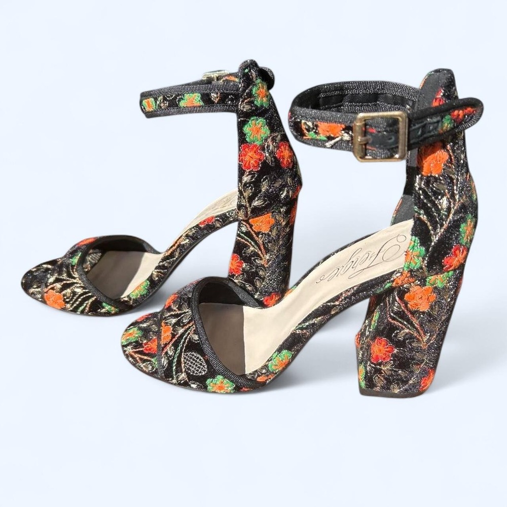 Whimsical Goth Velour Black floral block heels with ankle strap